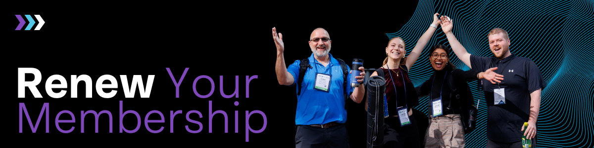 renew your membership banner featuring 4 professionals with their hands raised celebrating